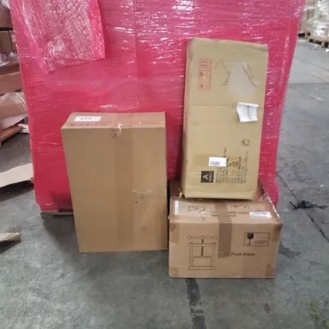 PALLET OF ASSORTED HOUSEHOLD GOODS AND PRODUCTS TO INCLUDE;BEDSIDE TABLE,SHOWER SYSTEM,6L FRUIT PRESS