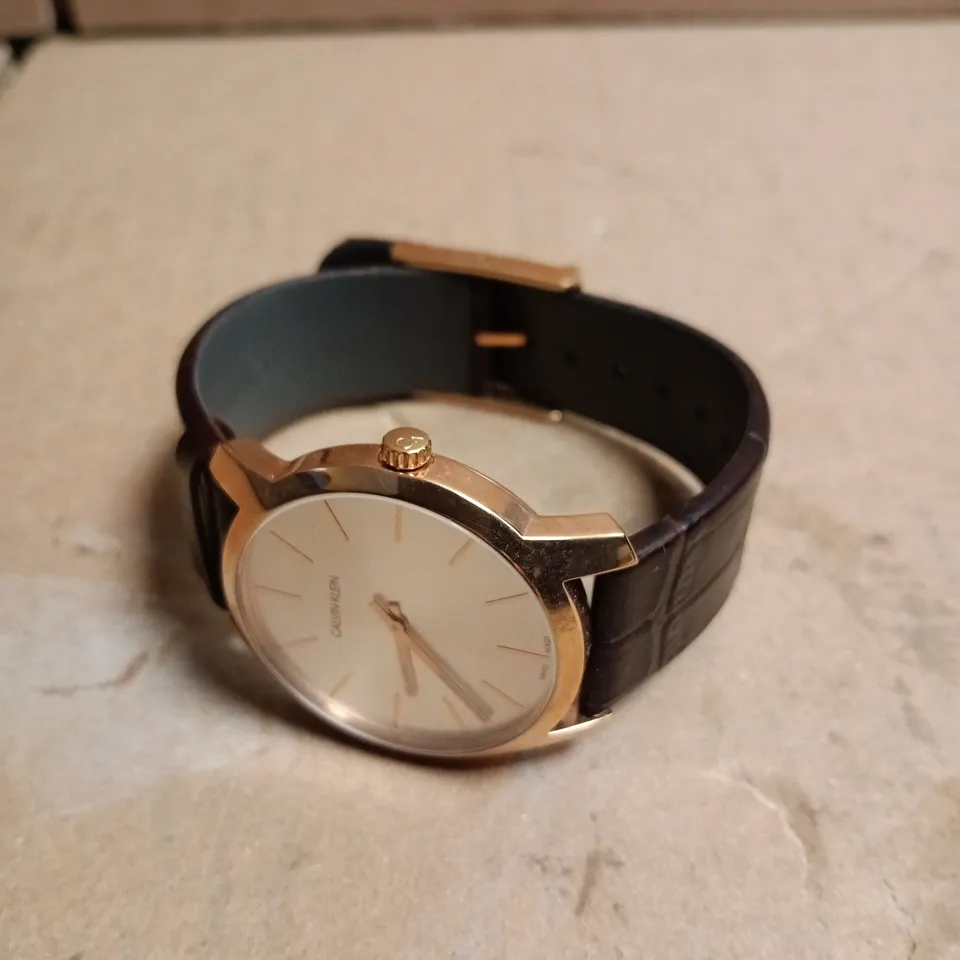 CALVIN KLEIN ROSE GOLD STAINLESS STEEL CASE BROWN LEATHER STRAP WATCH 