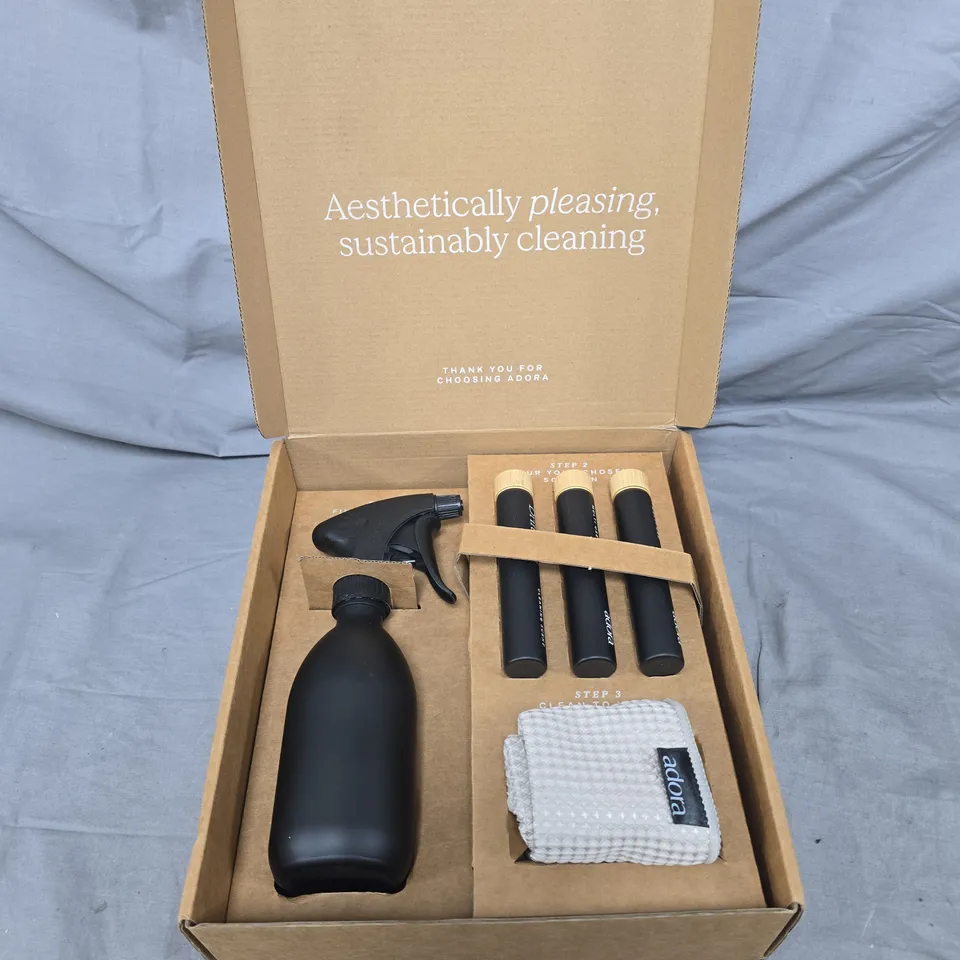 boxed ADORA HOME SCENT CLEANING KIT – SPRAY BOTTLE, 3 VIALS & CLOTH