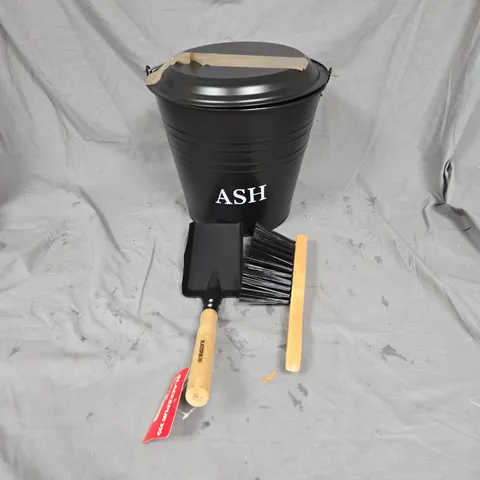 BLACKSPUR METAL ASH BUCKET WITH LID AND FIREPLACE CLEANING SET (BRUSH & SHOVEL)