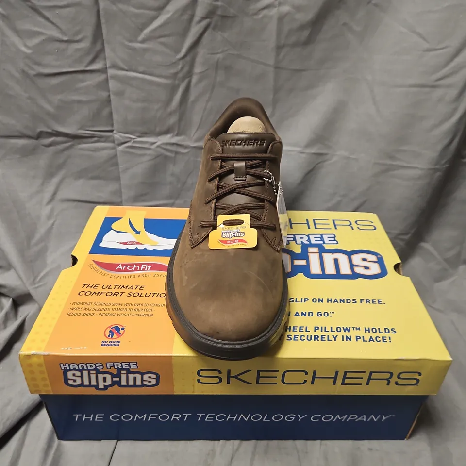 BOXED SKECHERS ARCH FIT GARZA RIDLEY BROWN NUBUCK BOOTS – UK 9 / US 10 (MEN) – NEW WITH TAGS