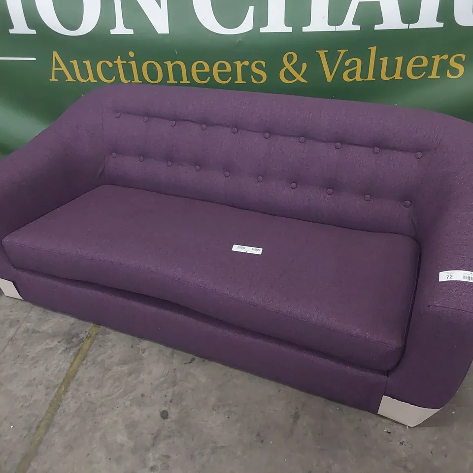 DESIGNER THREE SEATER BUTTONED BACK SOFA PURPLE FABRIC 
