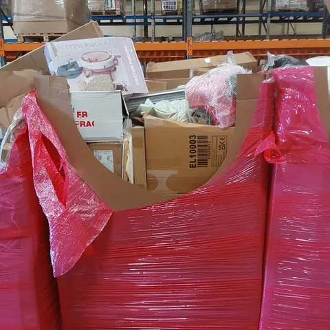 PALLET CONTAINING VARIOUS ASSORTED BOXED HOUSEHOLD ITEMS TO INCLUDE: KNITTING MACHINE, BLINDS, BOXED FURNITURE ETC