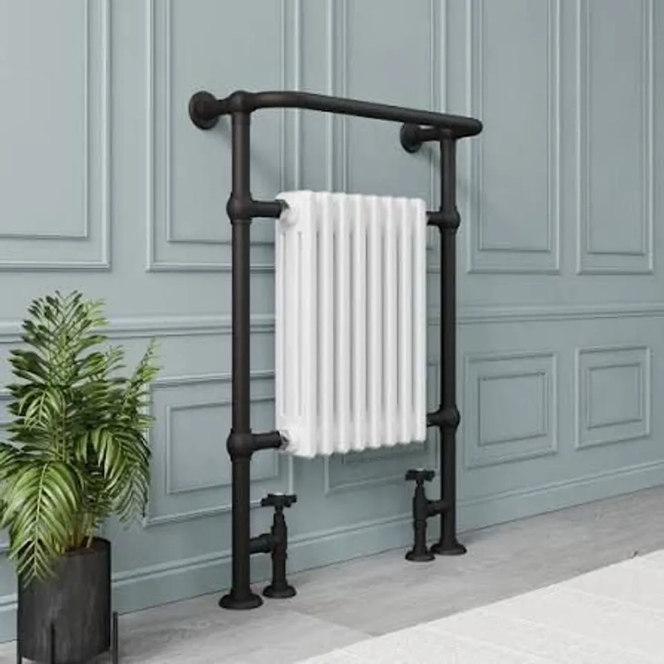BOXED WHITE AND BLACK TRADITIONAL COLUMN RADIATOR WITH TOWEL RAIL 952 X 659MM - REGENT