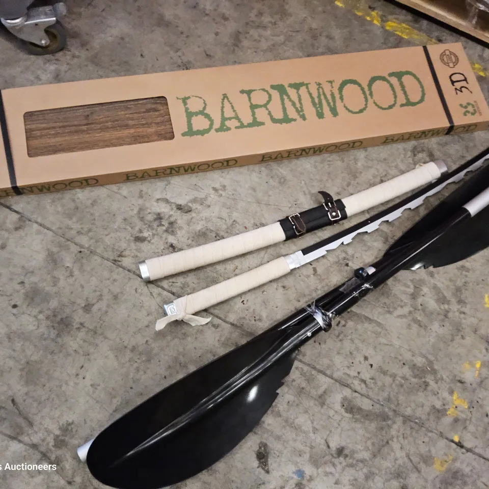 PALLET OF ASSORTED ITEMS TO INCLUDE,BARNWOOD PANELLING, WOODEN SAMURI SWORD, PADDLES, TENT, 2M BARNSLIDE CURTAIN RAILS.