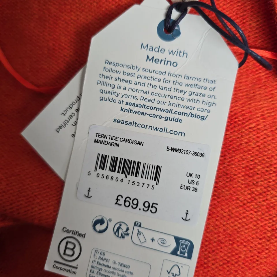 SEASALT CORNWALL TERN TIDE CARDIGAN – MANDARIN, WOMEN'S KNITWEAR (UK 10 / EU 38)