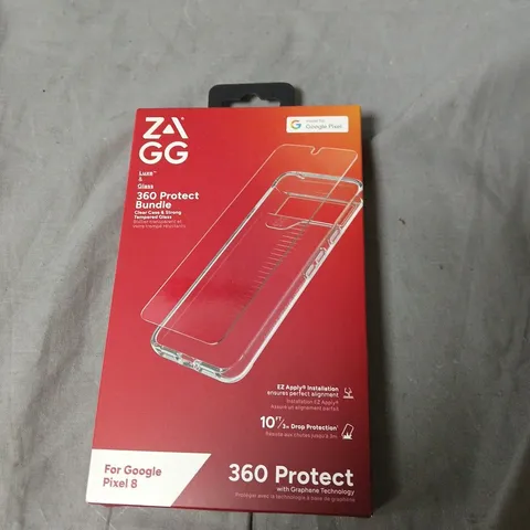 BOX OF APPROXIMATELY 50 ZAGG 360 PROTECT BUNDLE FOR GOOGLE PIXEL 8 – CLEAR CASE & TEMPERED GLASS