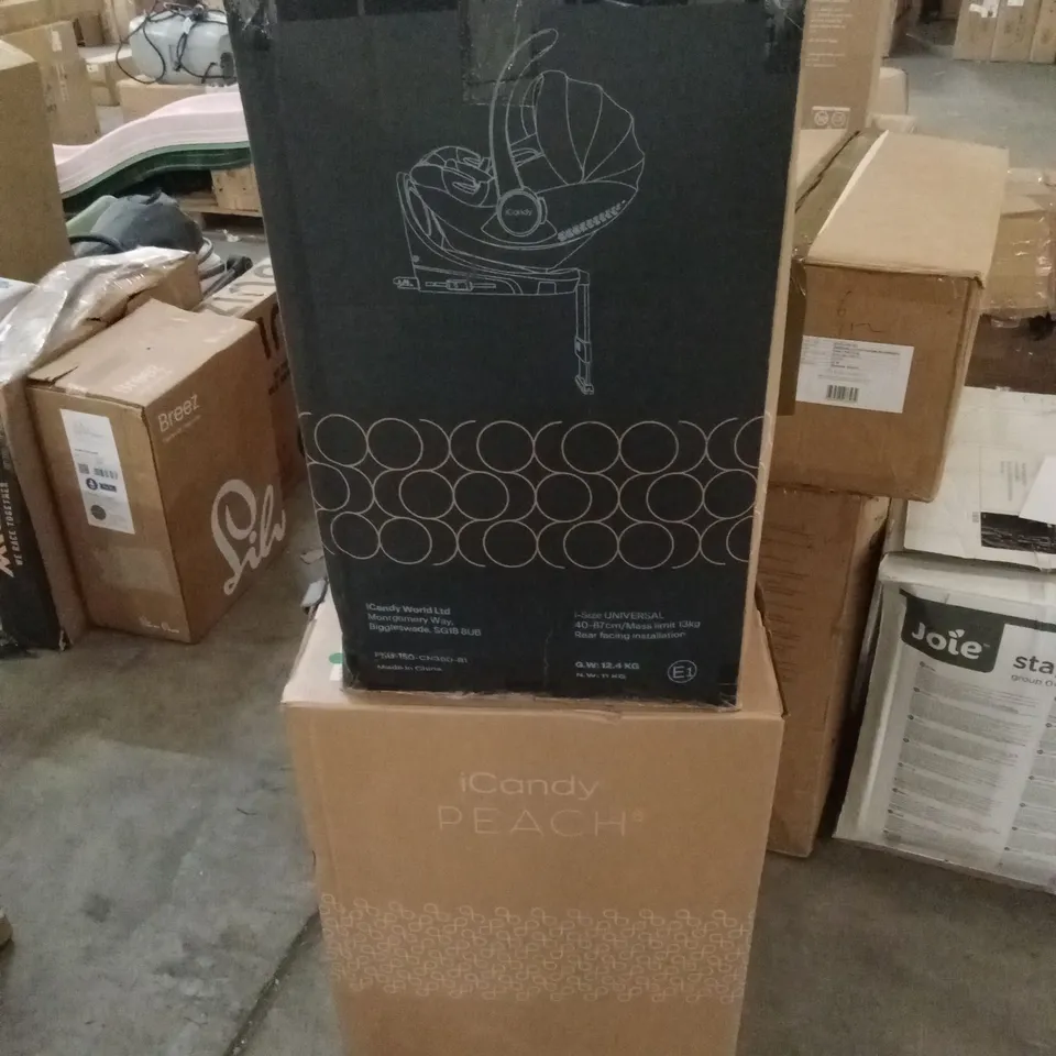 BOXED ICANDY PEACH⁸ STROLLER, CARRYCOT, I-SIZE BASE & CAR SEAT - BISCOTTI ON BLONDE (2 BOXES)