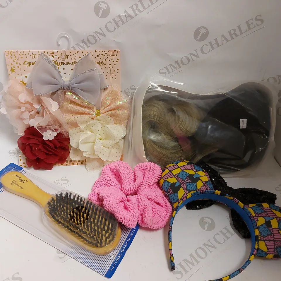 BOX OF APPROX 10 COSMETIC ITEMS TO INCLUDE HAIR EXTENSION, WIG AND HAIR ACCESSORIES