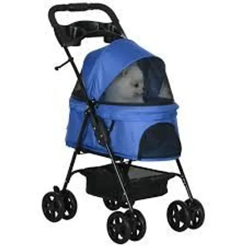 BOXED PAWHUT DOG PRAM DOG STROLLER FOLDABLE PET PUSHCHAIR WITH 4 WHEELS, SAFETY LEASHES, CUP HOLDER FOR SMALL DOGS, BLUE