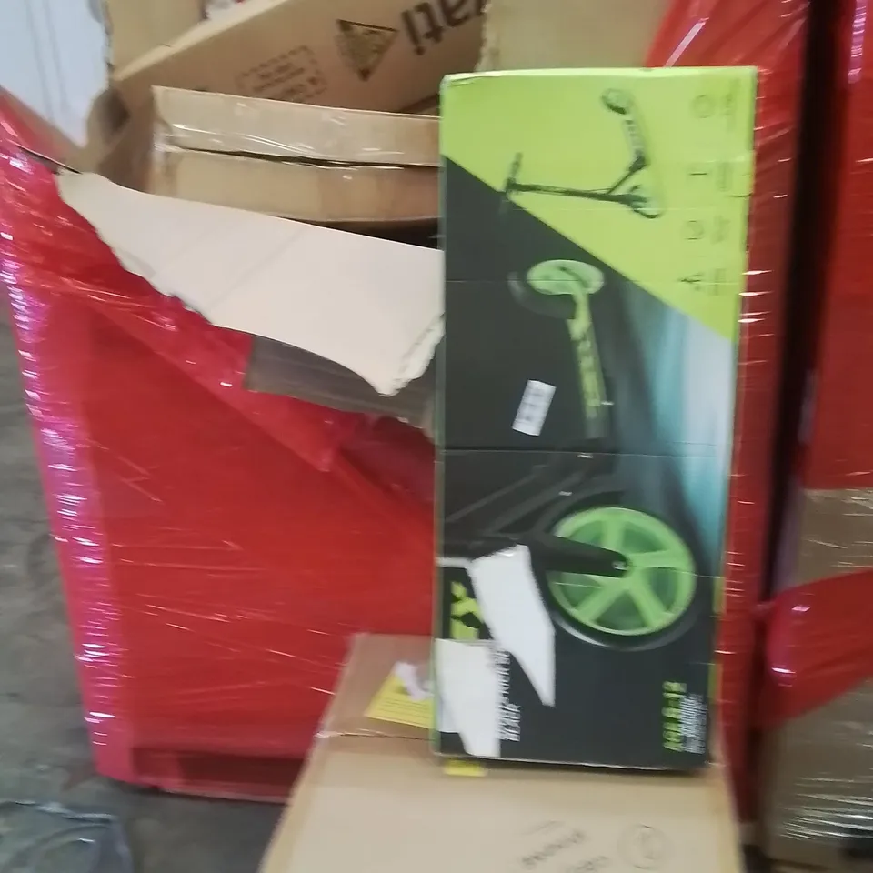 PALLET OF ASSORTED HOUSEHOLD GOODS AND PRODUCTS TO INCLUDE;CAT LITTER BOX,SCOOTER,AIR COOLER