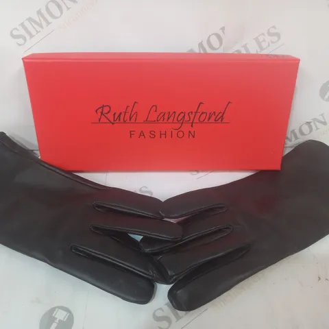 BOXED PAIR OF RUTH LANGSFORD GLOVES IN DARK BROWN - SIZE UNSPECIFIED