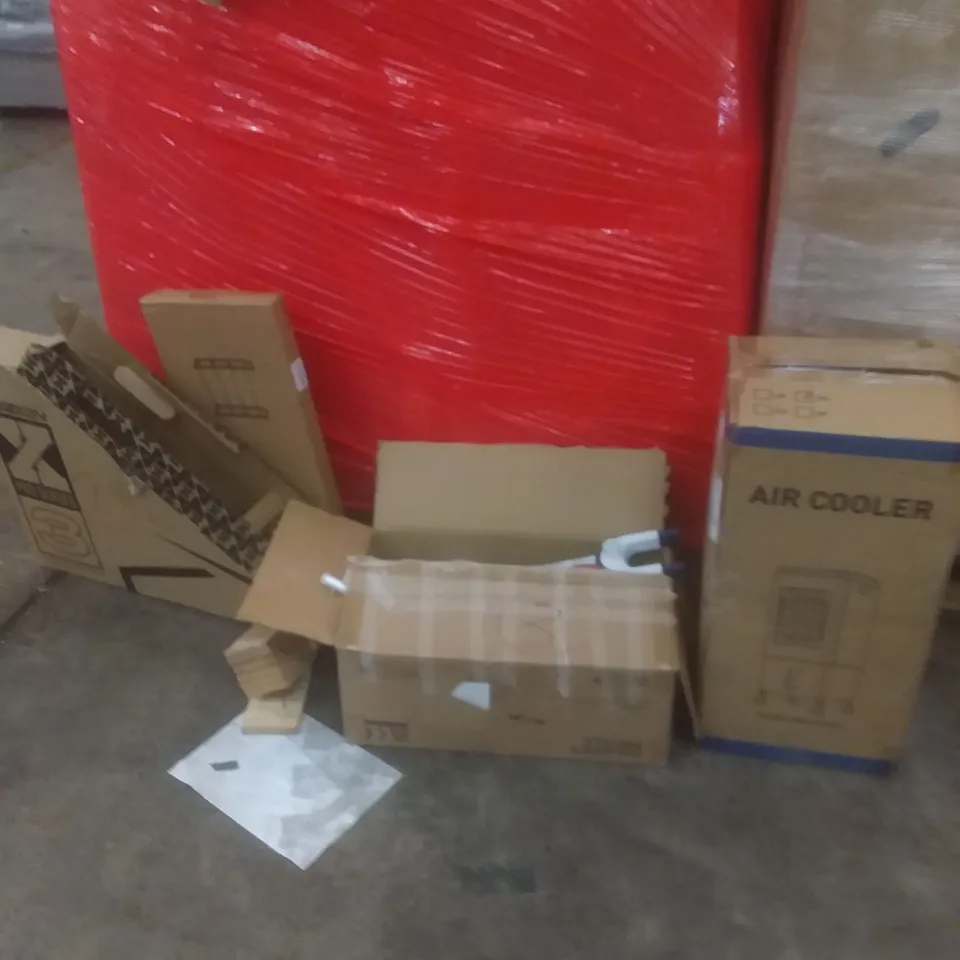 PALLET OF ASSORTED ITEMS INCLUDING AIR COOLER, CHILDREN'S TRICYCLE, SHOE RACK