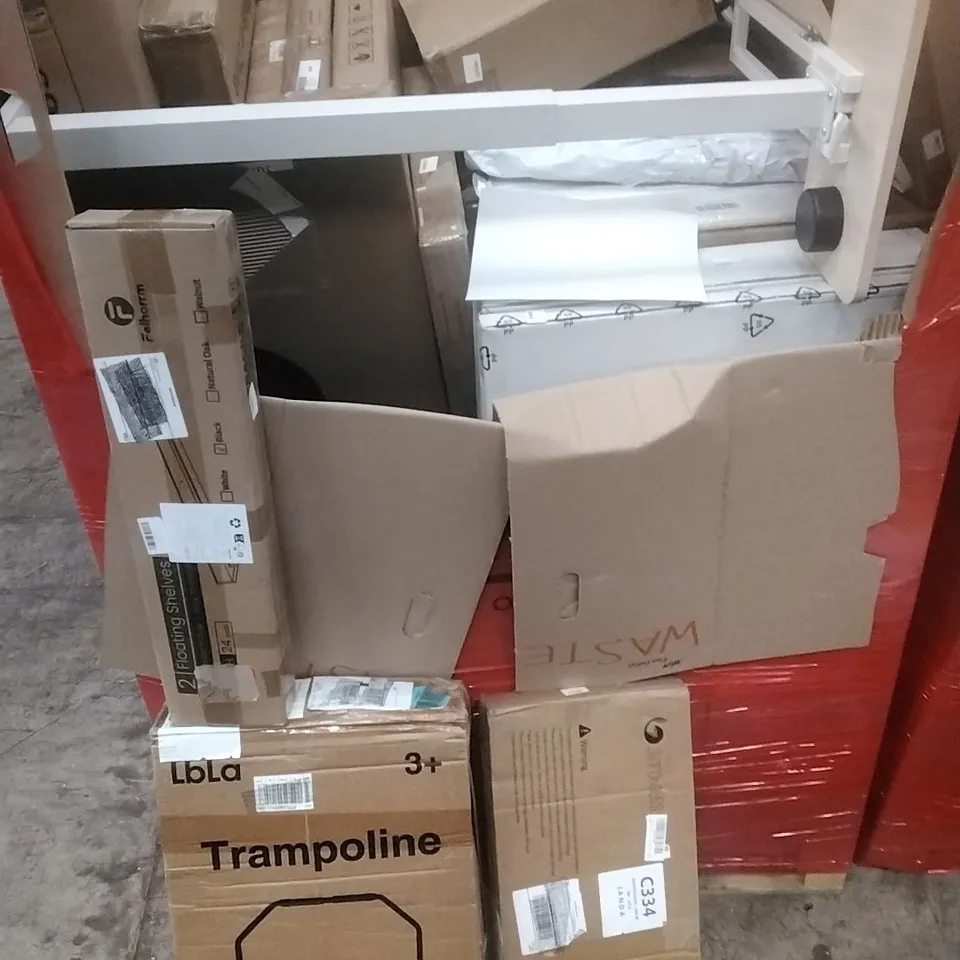 PALLET OF ASSORTED HOUSEHOLD GOODS AND PRODUCTS TO INCLUDE; TRAMPOLINE, FLOATING SHELVES, BOXED FURNITURE ETC