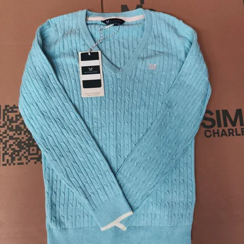 CREW CLOTHING COMPANY HERITAGE CABLE V NECK JUMPER IN BLUE SIZE 12