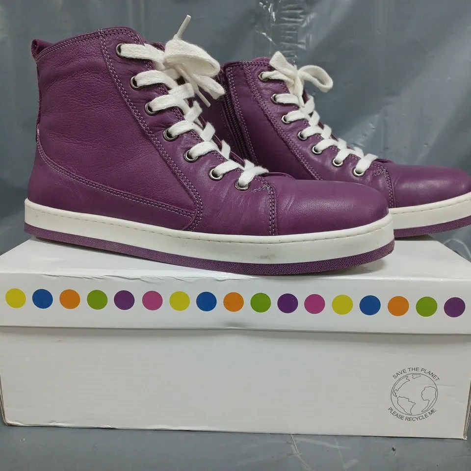 BOXED PAIR OF ADESSO LEATHER HIGH TOP TRAINER BOOTS IN PLUM SIZE 6