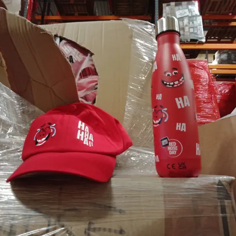 PALLET CONTAINING A LARGE QUANTITY OF RED NOSE DAY PRODUCTS TO INCLUDE,CAPS, STAINLESS STEEL BOTTLE