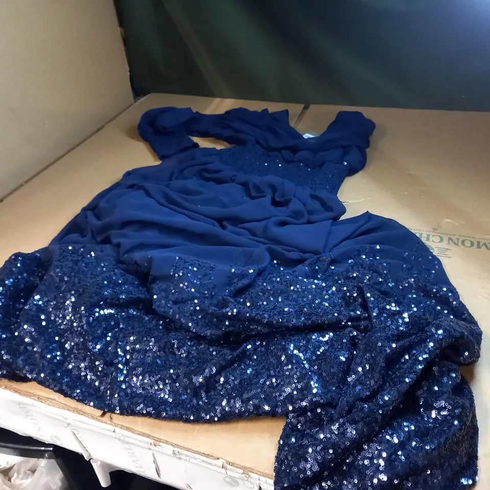 NAVY BLUE GODDIVA SEQUIN CHIFFON PUFFY SLEEVE MAXI DRESS - SIZE 10