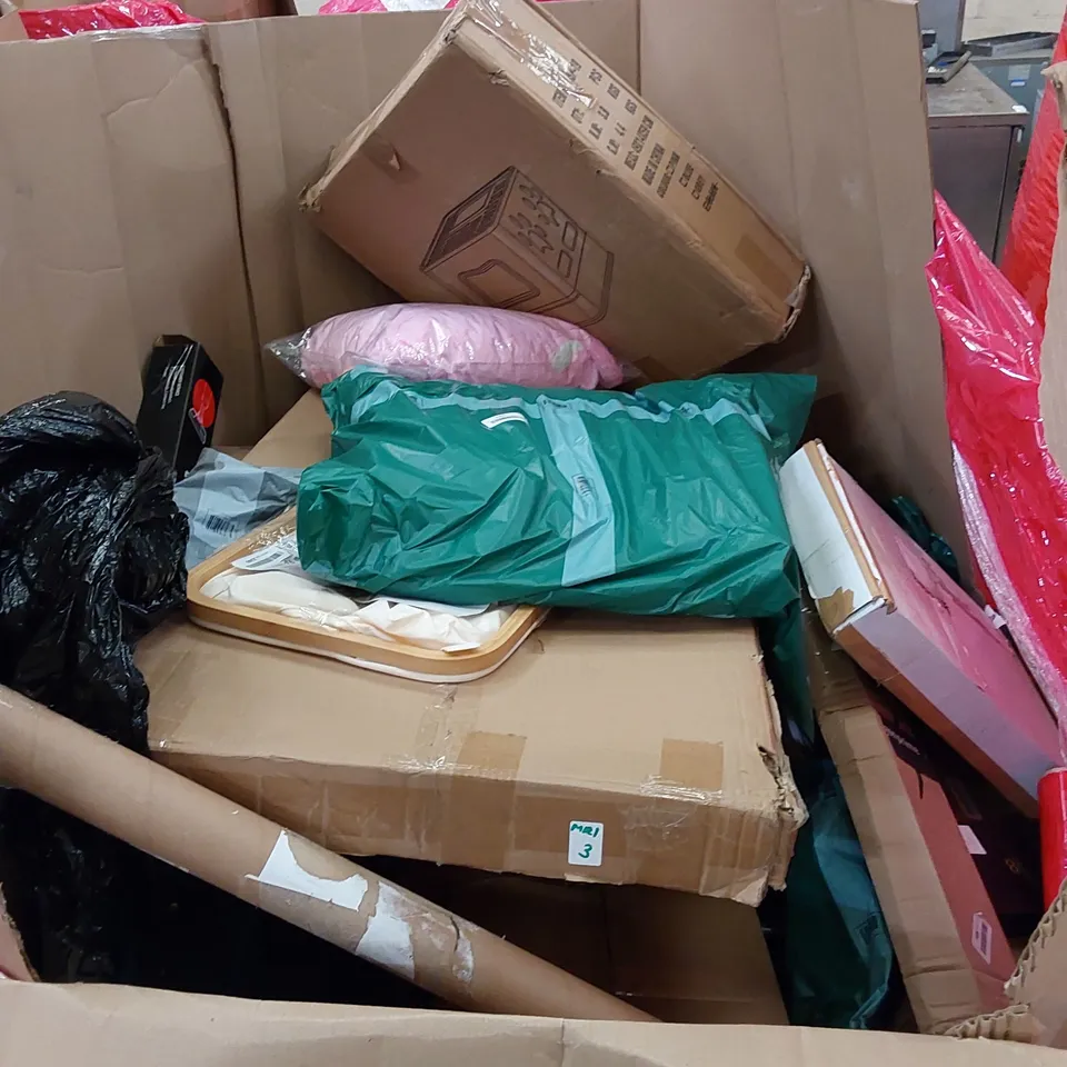 PALLET OF ASSORTED HOUSEHOLD ITEMS AND CONSUMER PRODUCTS. INCLUDING BLENDER, AIR FRYER, PULL UP BAR, COMPRESSOR DEHUMIDIFIER ETC