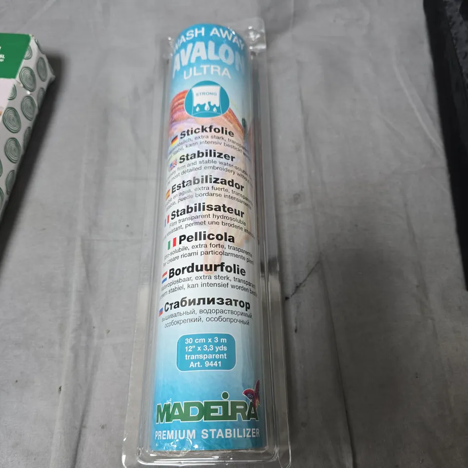 BOX OF ASSORTED  HOUSEHOLD ITEMS INCLUDING  UMBRELLA WITH WOODEN CURVED HANDLE, MADEIRA STABILIZER ROLL, IKEA PACKAGING BOX, AND GREY FABRIC ITEM