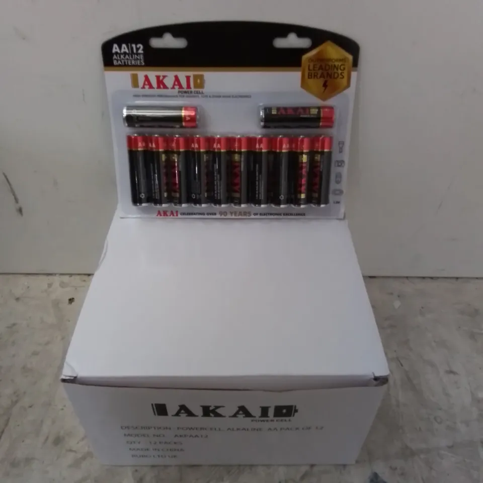 AS NEW BOXED SET CONTAINING APPROX. 48 PACKS OF AKAI AA BATTERIES, 12 BATTERIES PER PACK 