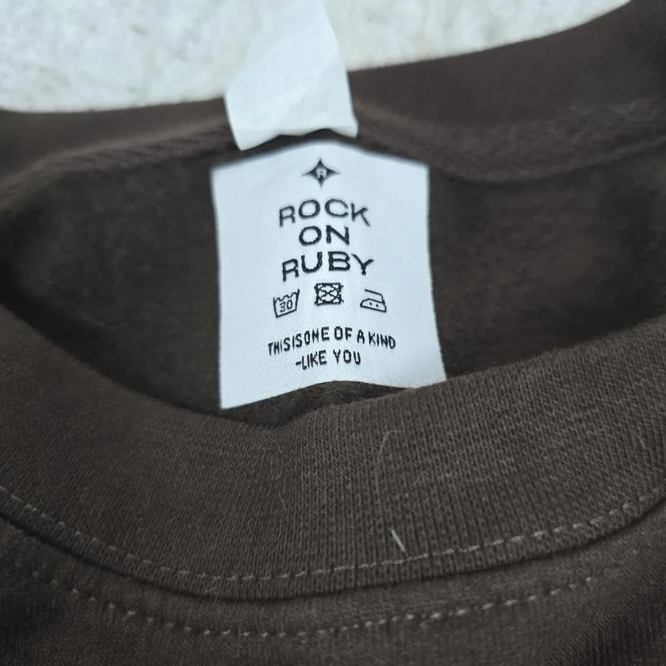 BOURBON BISCUIT FAN CLUB BROWN JUMPER MEDIUM ROCK ON RUBY "ONE OF A KIND"