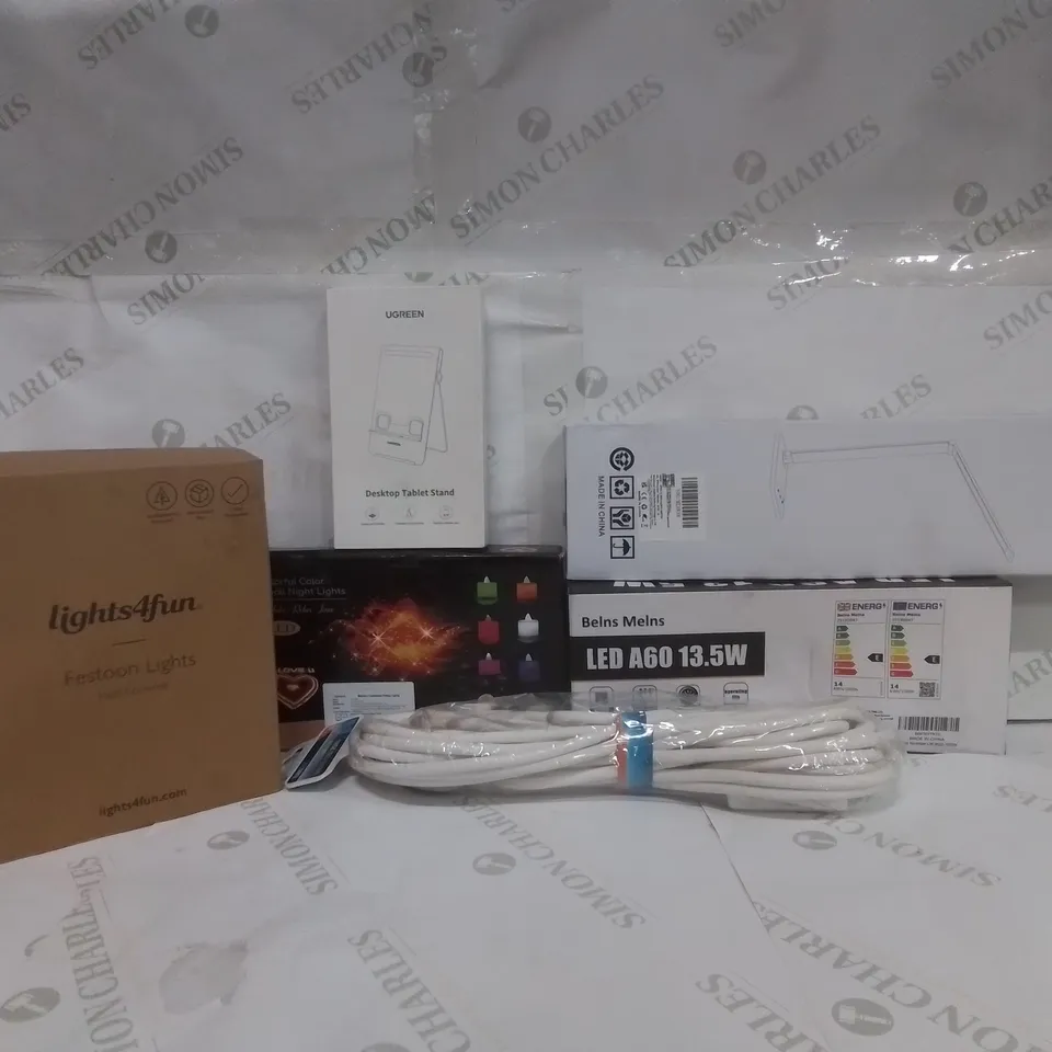 BOX OF ASSORTED ELECTRICAL GOODS TO INCLUDE; LED DESK LIGHT, BELNS MELNS LED BULBS, LIGHTS4FUN FESTOON LIGHTS ETC