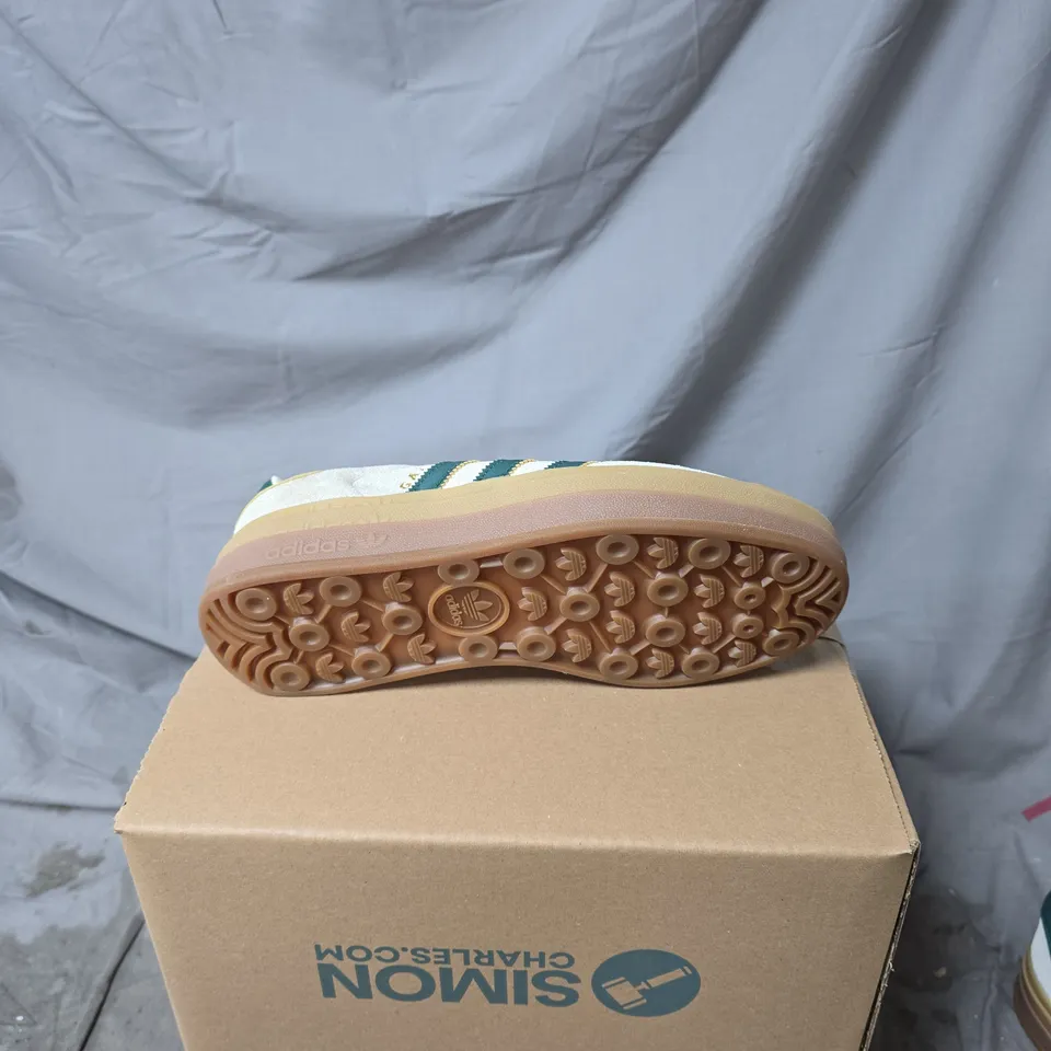 ADIDAS GAZELLE SNEAKERS – CREAM/BEIGE UPPER WITH TEAL STRIPES, GUM SOLE SIZE 7