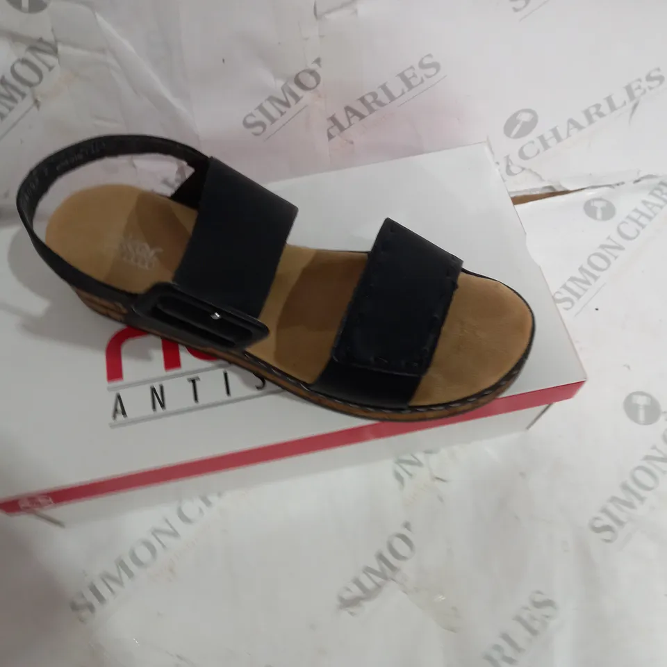 BOXED PAIR OF RIEKER WEDGE SANDALS BLACK IN SIZE 8