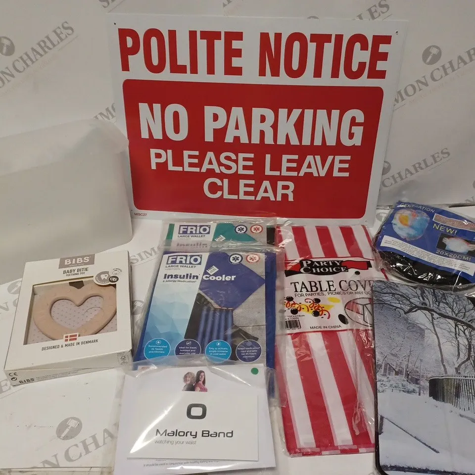 BOX OF APPROXIMATELY 15 ASSORTED HOUSEHOLD PRODUCTS TO INCLUDE INSULIN COOLER, BIBS BABY BITE, MALORY BAND ETC 