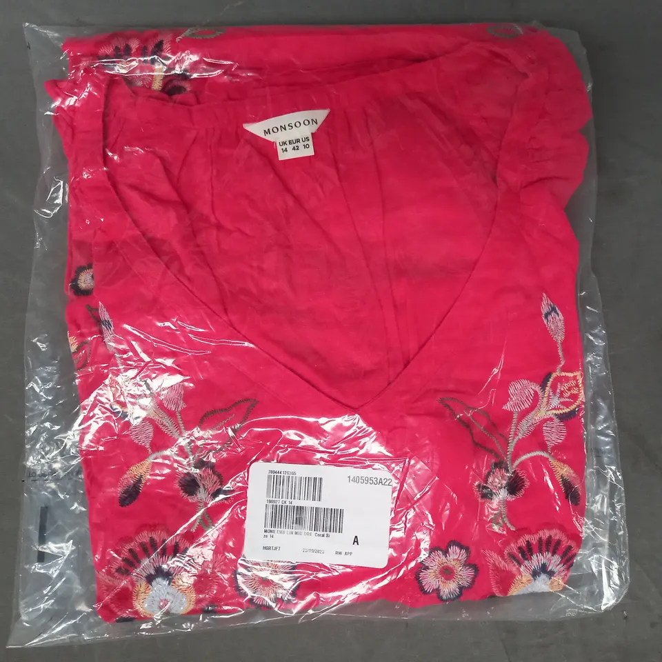 MONSOON EMBROIDERED LINEN DRESS IN CORAL SIZE 14