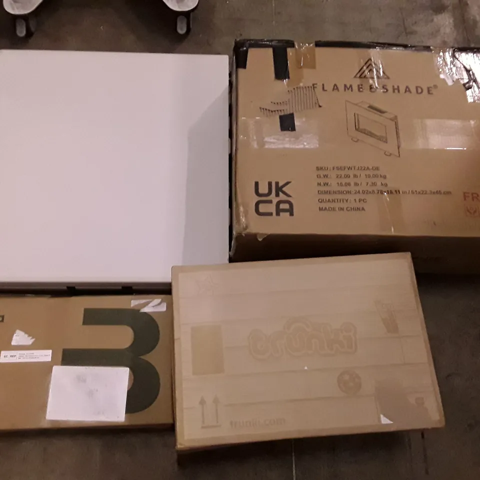 PALLET OF ASSORTED PRODUCTS INCLUDING FOLDING TABLE, WATER HEATING FAUCET, TRUNKI KIDS SUITCASE, FIREPLACE, OIL FILLED PANEL HEATER