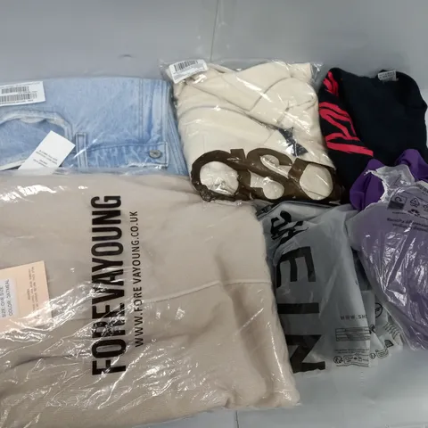 LARGE BOX OF ASSORTED CLOTHING ITEMS IN VARIOUS COLOURS AND SIZES INCLUDING TROUSERS , TOPS AND JUMPERS 