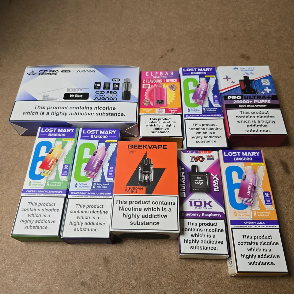 APPROXIMATELY 15 ASSORTED E-CIGARETTE AND VAPE PRODUCTS TO INCLUDE LOST MARY, GEEK VAPE, IVG ETC 