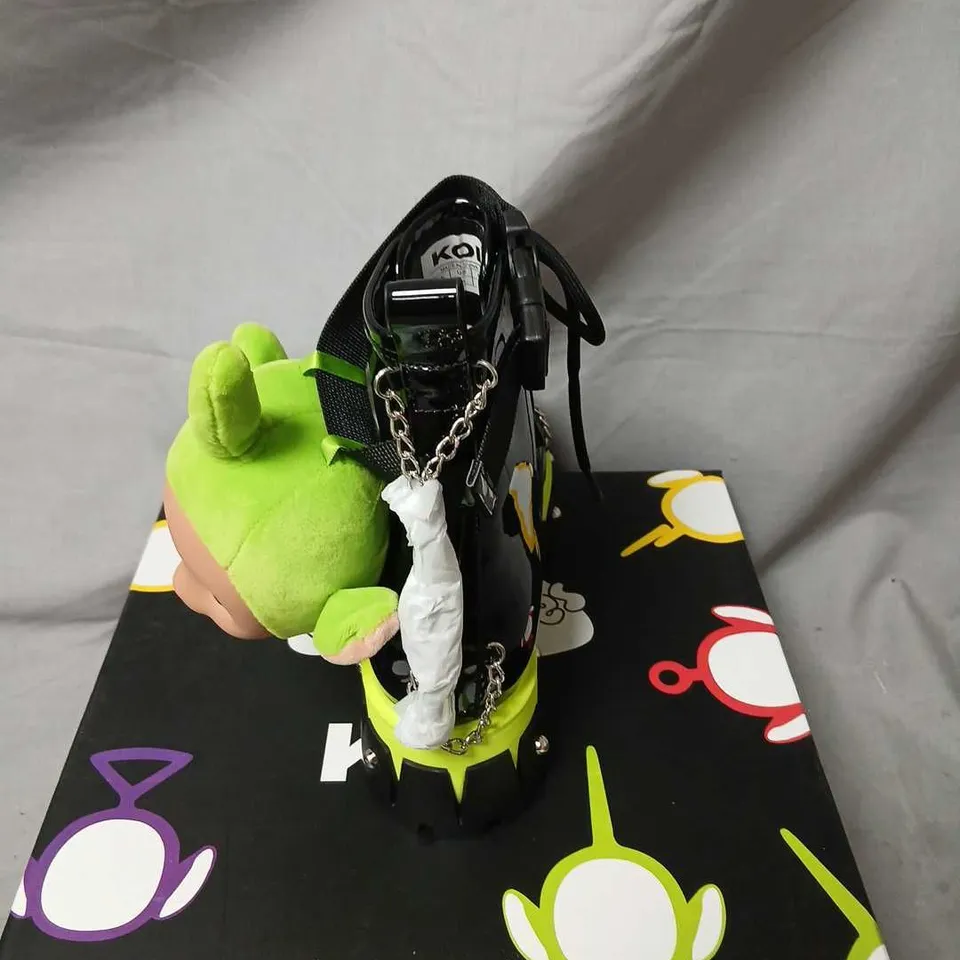 TELETUBBIES X KOI TUBBYTRONIC DIPSY BOOTS – BLACK PATENT BOOTS WITH NEON LIME SOLE, UK4