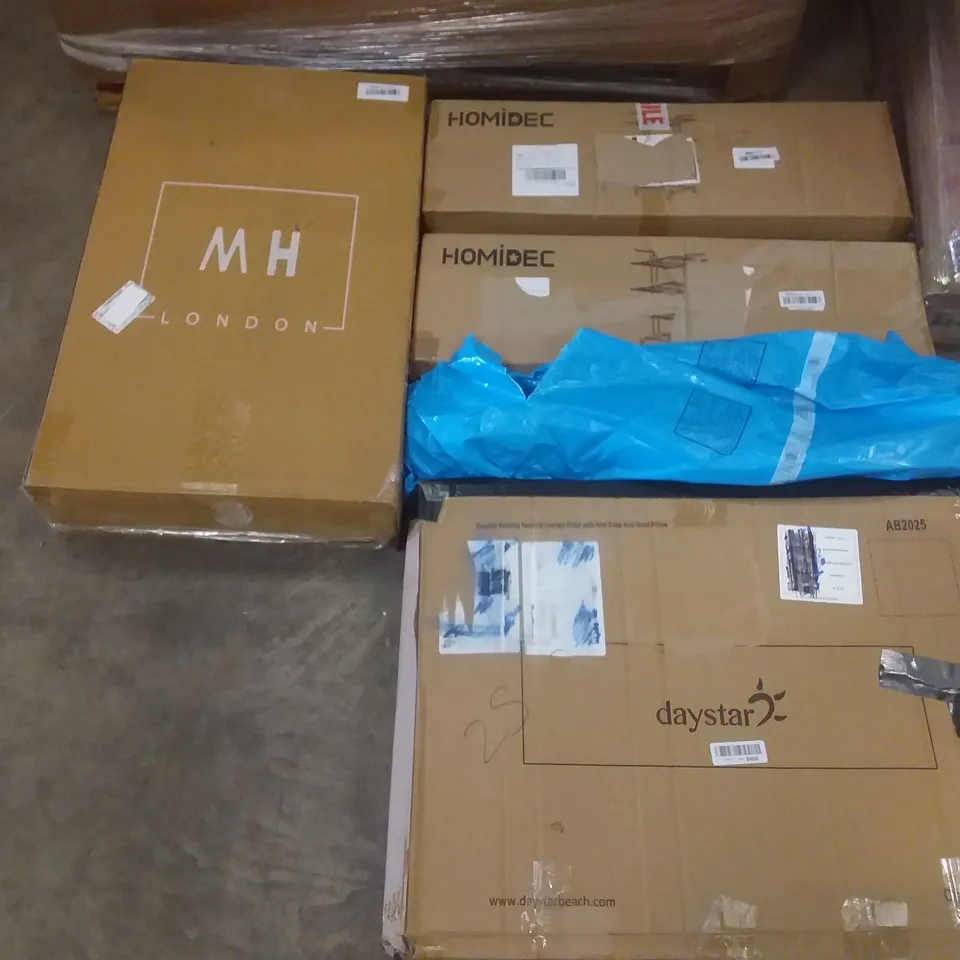 PALLET OF ASSORTED ITEMS INCLUDING FAN LIGHT, AMERICAN TOURIESTER RED LUGGAGE BAG, HOMIDEC CLOTHES RACK, DAYSTAR FOLDING TANNING LOUNGE CHAIR, WOLFWISE TELESCOPING LADDER, MH LONDON ROMBASS BAR STOOL
