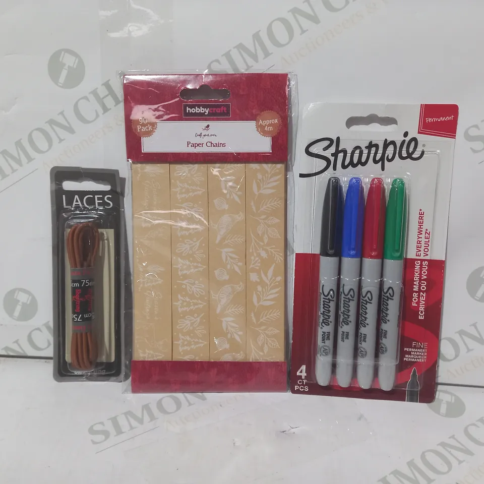 LOT OF APPROXIMATELY 10 ASSORTED HOUSEHOLD ITEMS TO INCLUDE SHARPIE MARKERS, PAPER CHAINS, LACES, ETC