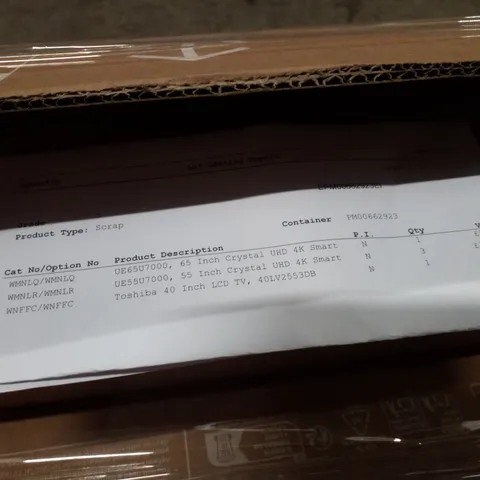 PALLET OF FIVE ASSORTED WAREHOUSE DAMAGED TV'S TO INCLUDE;