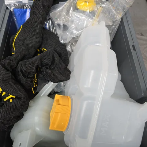 BOX OF ASSORTED CAR PARTS TO INCLUDE - CHAIN - OIL RES - RAGS