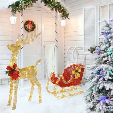 BOXED LIGHTED CHRISTMAS REINDEER & SLEIGH OUTDOOR & INDOOR XMAS DECORATIONS (1 BOX)