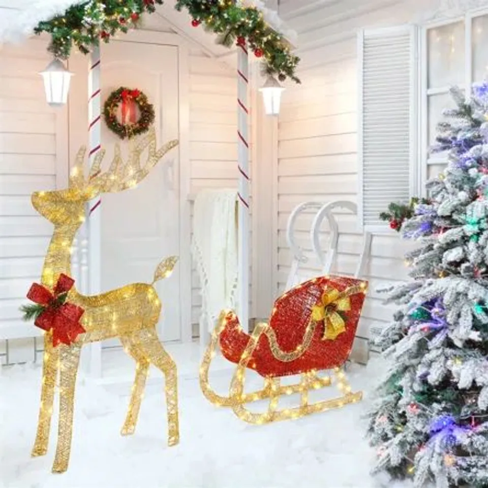 BOXED LIGHTED CHRISTMAS REINDEER & SLEIGH OUTDOOR & INDOOR XMAS DECORATIONS (1 BOX)