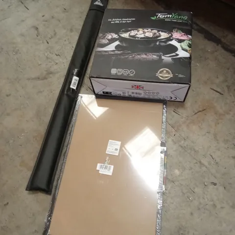 PALLET OF ASSORTED HOUSEHOLD GOODS AND PRODUCTS TO INCLUDE; TOMYANG GRILL, CORK BOARD, POOL CUE ETC