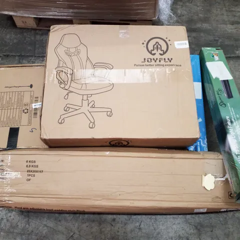 PALLET OF ASSORTED PRODUCTS INCLUDING WOODEN COAT RACK, GAMING CHAIR, AQUARIUM LIGHT, TERRARIUM STRIP LIGHT FIXTURE, FOLDOUT CHAIR