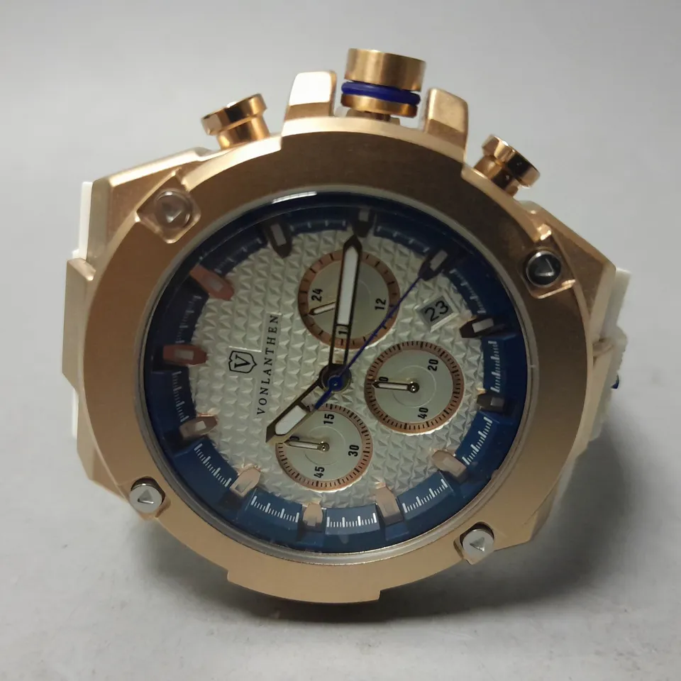 MENS VONLANTHEN CHRONOGRAPH WATCH – V200 – TEXTURED DIAL – 3ATM WATER RESISTANT – WHITE RUBBER STRAP