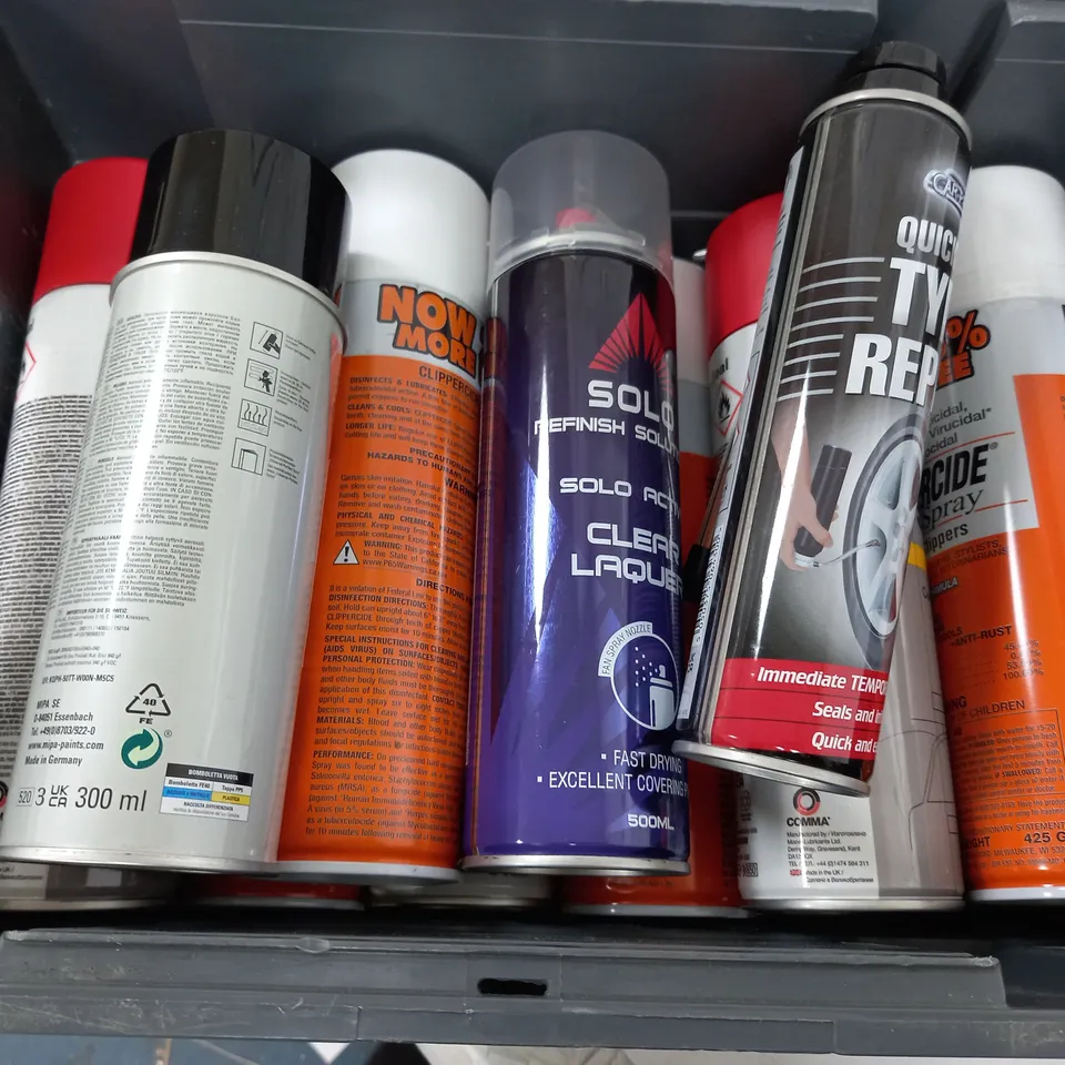 BOX OF APPROX 15 ASSORTED AEROSOLS TO INCLUDE - SOLO CLEAR LAQUER - WAX SEAL - TYRE REPAIR ECT