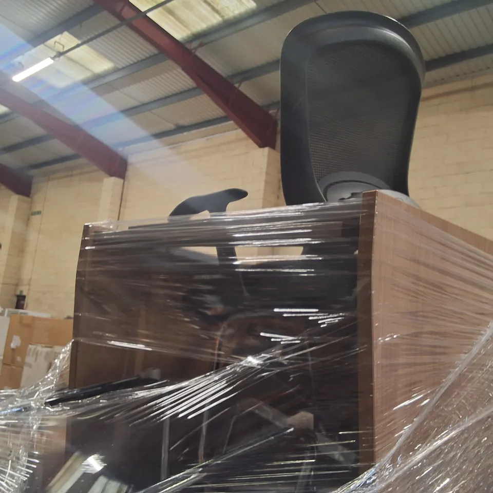 PALLET CONTAINING HOUSEHOLD FURNITURE TO INCLUDE L DESK,CHAIRS,ETC