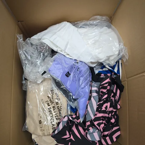 LARGE BOX OF APPROXIMATELY 20 ASSORTED CLOTHING ITEMS IN VARIOUS SIZES, STYLES AND COLOUR