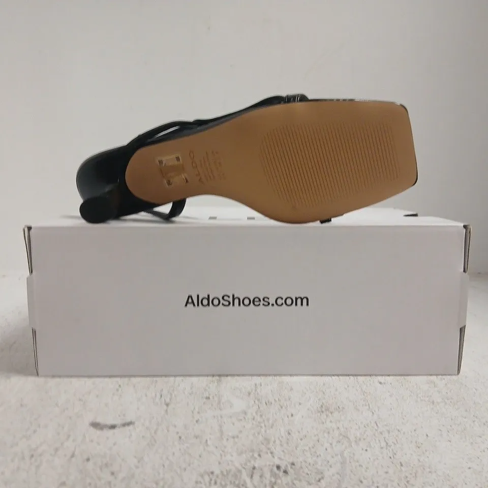 BOXED PAIR OF ALDO OPEN TOE LOW HEEL SANDALS IN BLACK SIZE UK 6