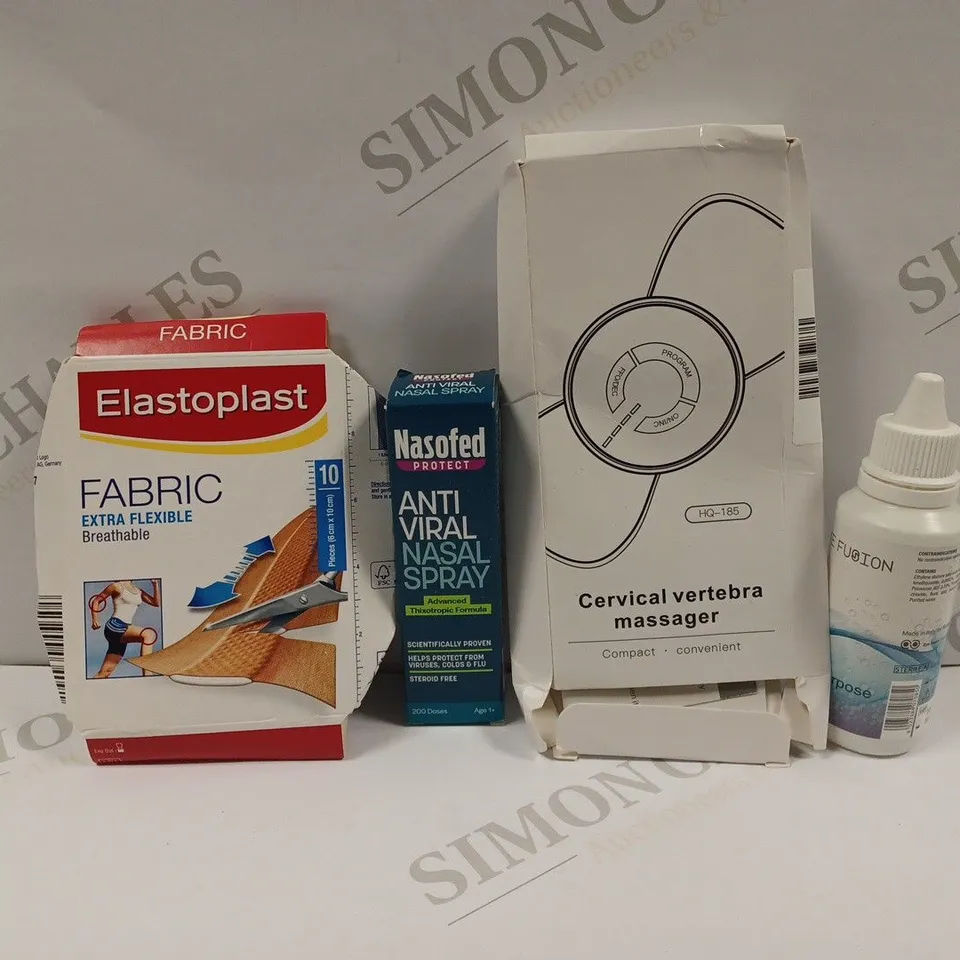 APPROXIMATELY 20 ASSORTED HEALTH PRODUCTS TO INCLUDE CERVICAL VERTEBRA MASSAGER, ANTI-VIRAL NASAL SPRAY, ELASTOPLAST FABRIC, EYE FUSION MULTI-PURPOSE SOLUTION ETC.