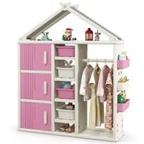 BOXED COSTWAY PINK KIDS DRESS-UP CLOSET WITH STORAGE BIN